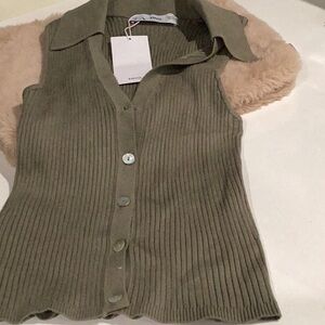 Mango Olive Green Ribbed Muscle Tee